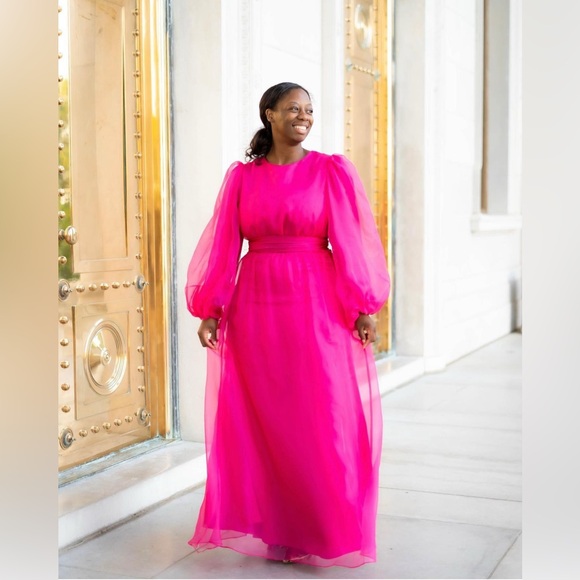 VEILED NWT Silk Organza Balloon Sleeve A-Line Maxi Dress Sz Small Short Hot Pink - Picture 3 of 9